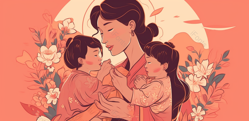 双胞胎感恩母亲节插画背景海报广告,插画/手绘图,插画/手绘图库,插画/手绘图下载,插画/手绘